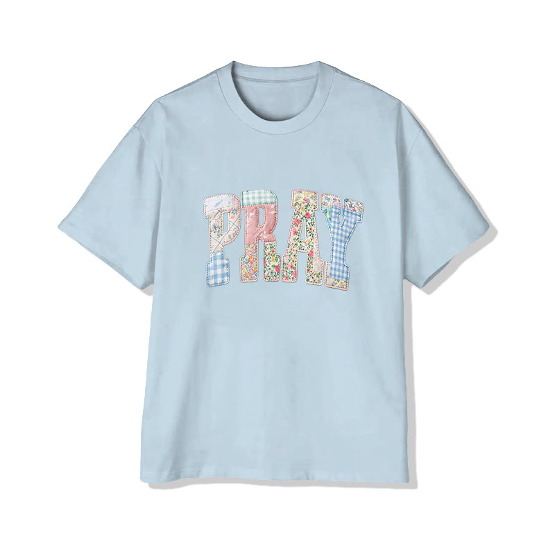 Vintage Floral Pray Christian Pattern Print Short Sleeved Round Neck Cotton T-shirt - Light Blue - US28-30(4XL) - image 12