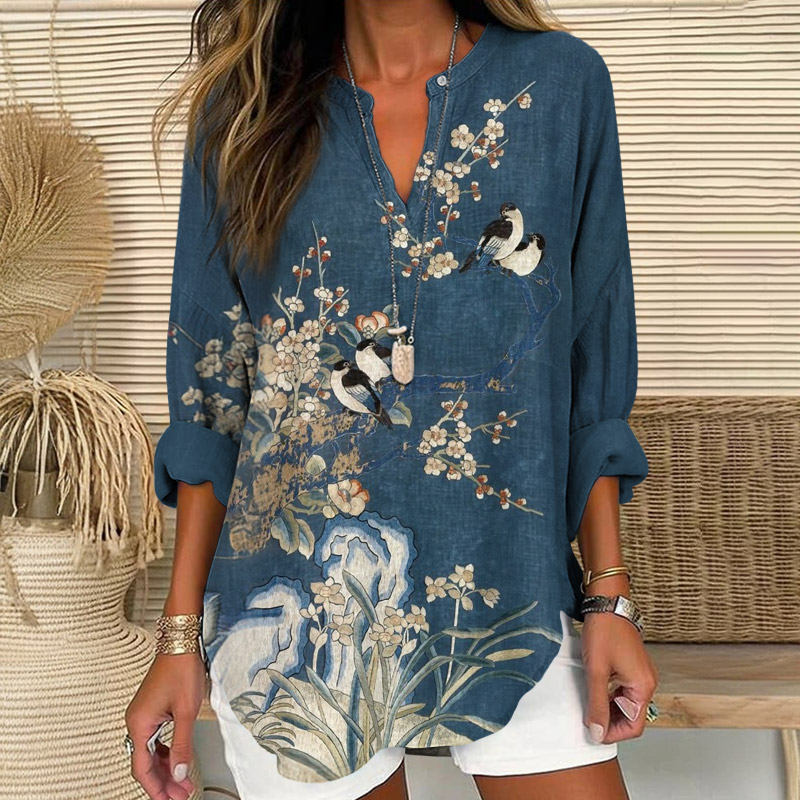Vintage Birds & Sakura Blossom Art Print V Neck Long Sleeve Blouse - Blue - 8XL - image 1