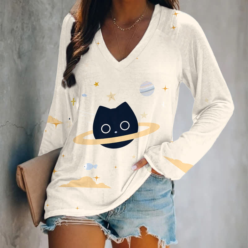 Funny Universe Black Cat Print Long Sleeve T-shirt - Beige - 5XL - image 3