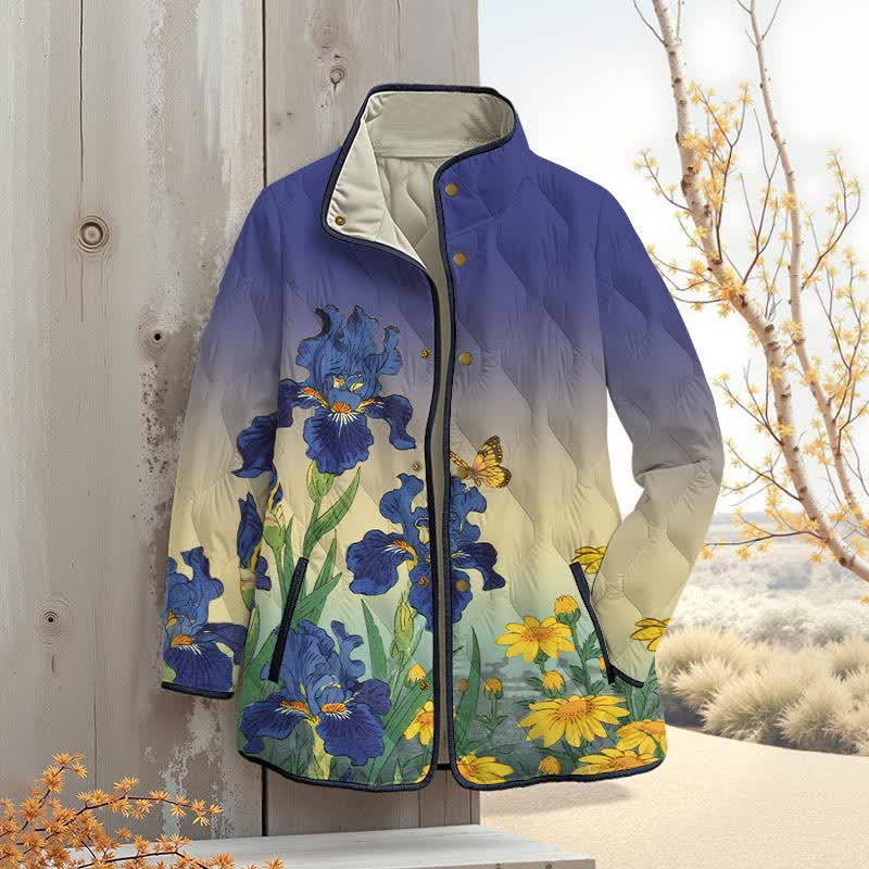 Japanese Watercolor Sunflower Art Print Outerwear Jackets - Blue - 4XL - image 7