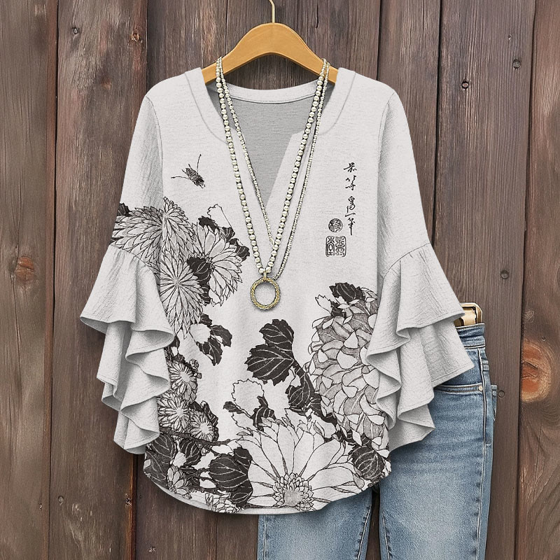 Japanese Classical Chrysanthemum Kimono Pattern Print V-neck Half Sleeve Blouse - White - 5XL - image 4