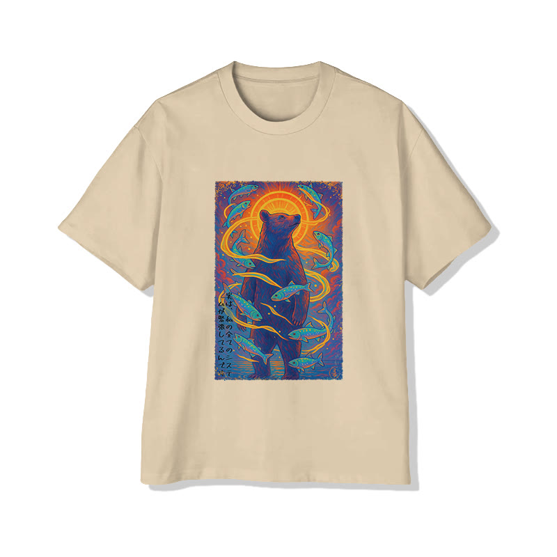 Unisex Japanese Fantasy Bear And Fish Print Short Sleeved Crew Neck T-Shirt - Apricot - 2XL - image 4