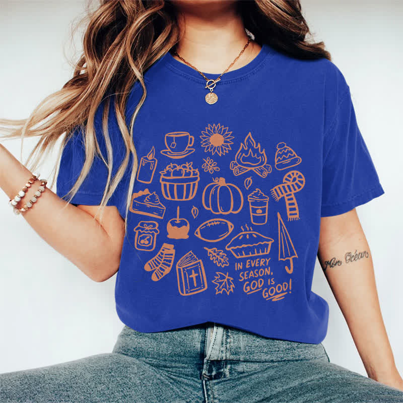 100% Cotton Women's In Every Season, God Is Good! Art Print Casual T-shirt - Blue - 2XL - image 7