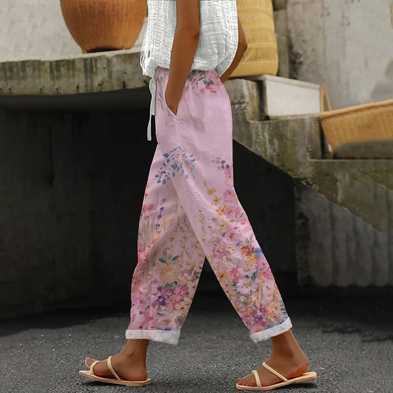 Elegant Wildflowers Watercolor Art Print Casual Pocket Pants  - Pink - 5XL - image 3