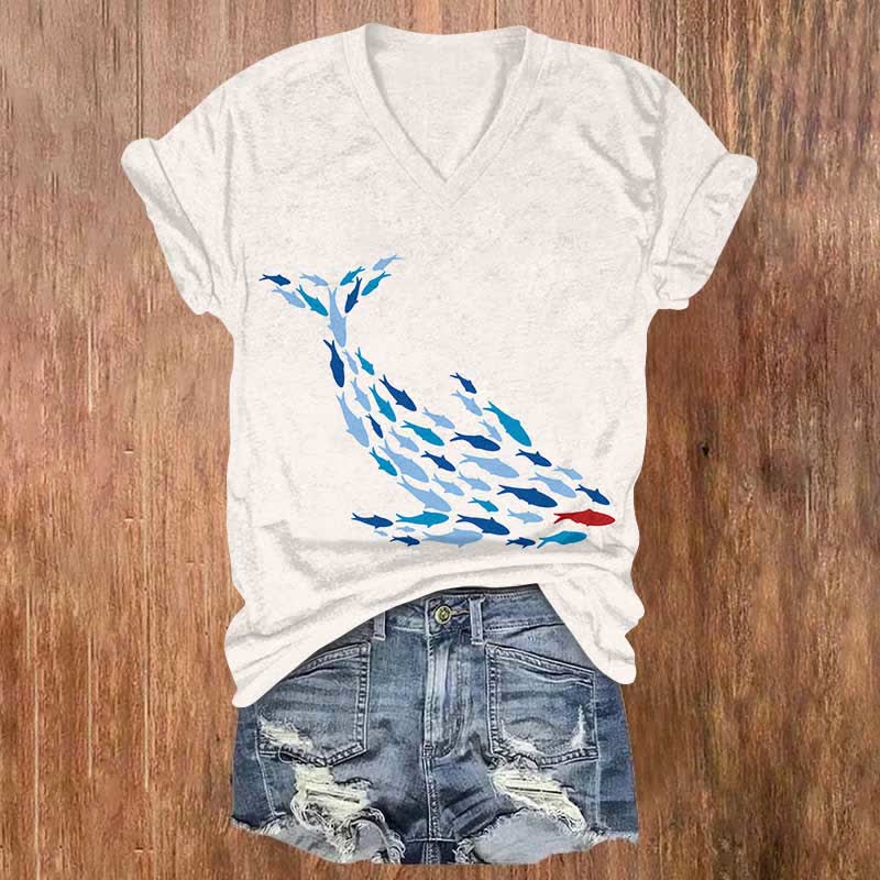 Vintage Fish School Whales Art Print V-neck T-shirt - Beige - US32-34(5XL) - image 3
