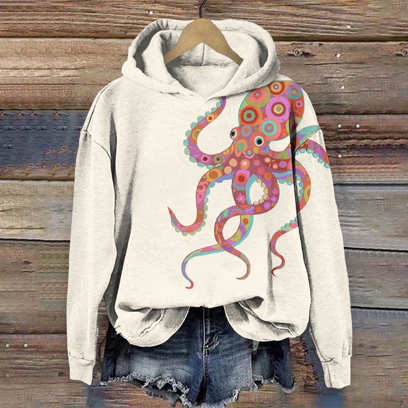 Creative Colorful Geometric Octopus Print Long Sleeve Hoodie - White - US44-46(8XL) - image 4