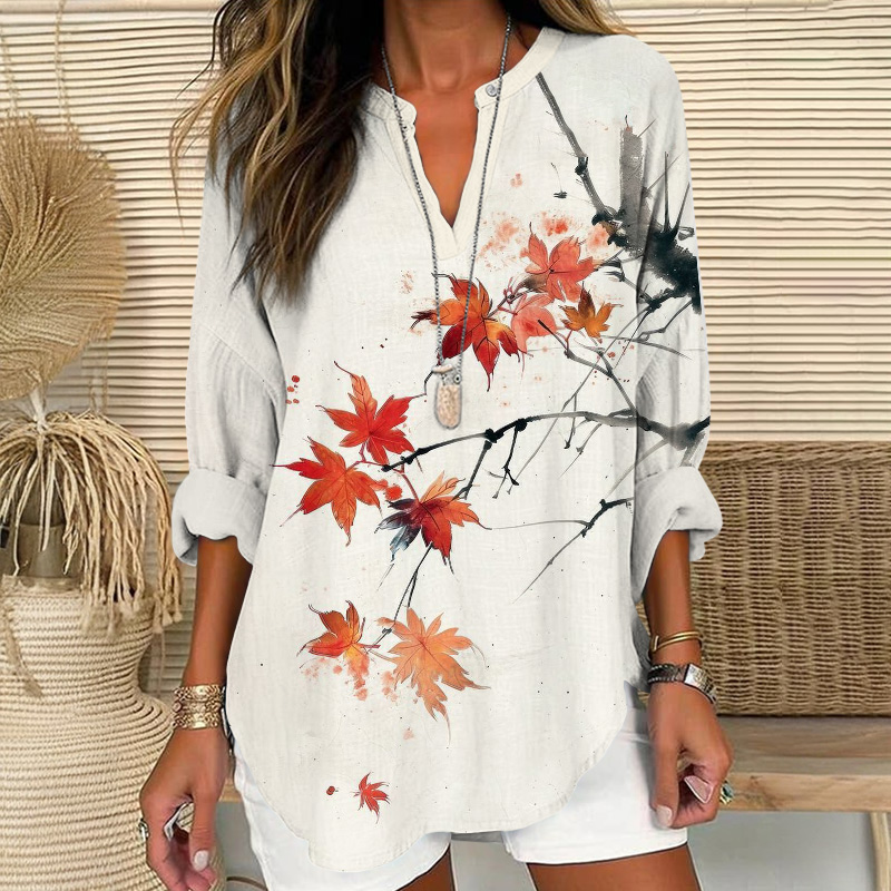 Watercolor Maple Leaf Art Print V Neck Long Sleeve Blouse - White - 8XL - image 1