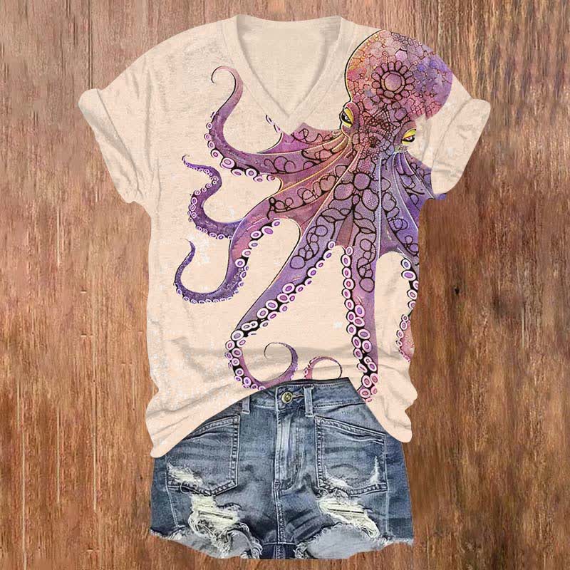 Vintage Dangerous Blue-ringed Octopus Print V-neck T-shirt - Pink - US32-34(5XL) - image 4