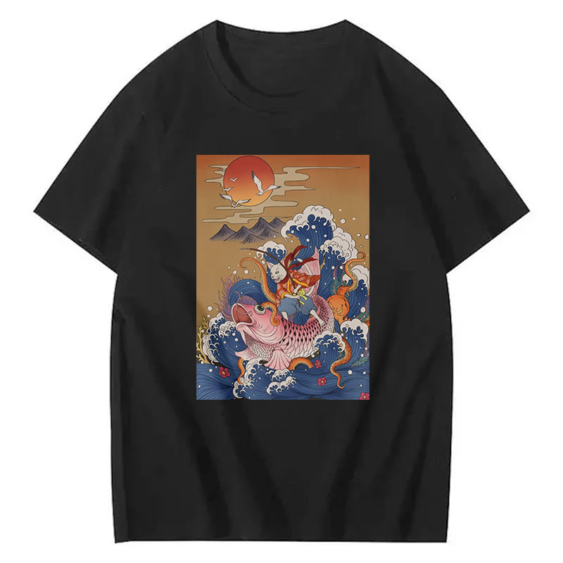 Samurai Cat And Koi Fish Print Short Sleeved Crew Neck T-Shirt - Black - 2XL - image 7