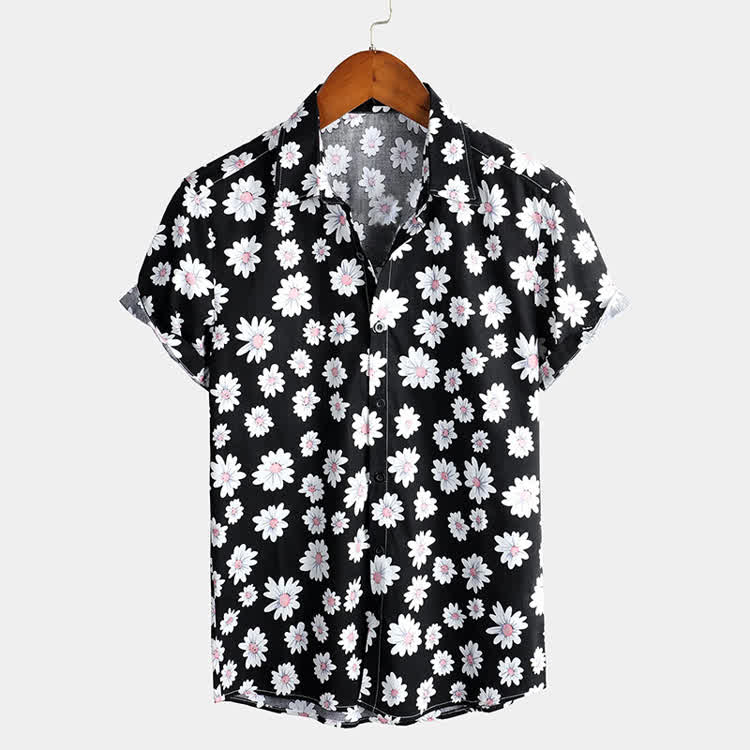 Vacation Daisy Pattern Texture Print Short Sleeve Hawaiian Shirt - Black - 5XL - image 7