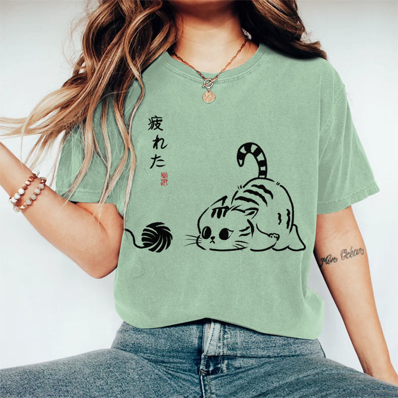 100% Cotton Women's Japanese Tired Playing Cat Art Print Casual T-shirt - Green - 2XL - image 5
