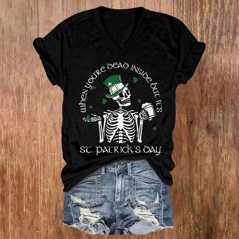 St. Patrick's Day Funny Skulls Print Short Sleeved V-Neck T-Shirt - Black - US32-34(5XL) - image 3