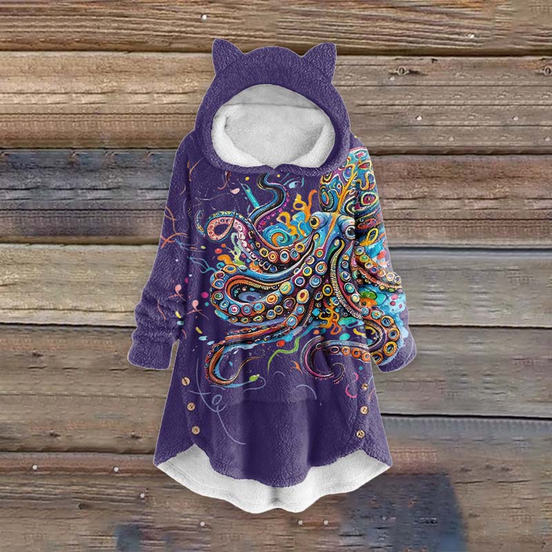Women's Vintage Rainbow Octopus Art Print Pocket Cute Cat Ear Fuzzy Fleece Hoodie - Navy Blue - 6XL - image 6