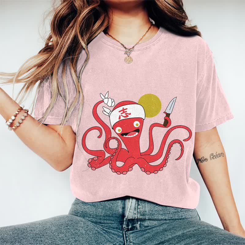 100% Cotton Japanese Funny Octopus Chef Art T-shirt - Pink - 2XL - image 13