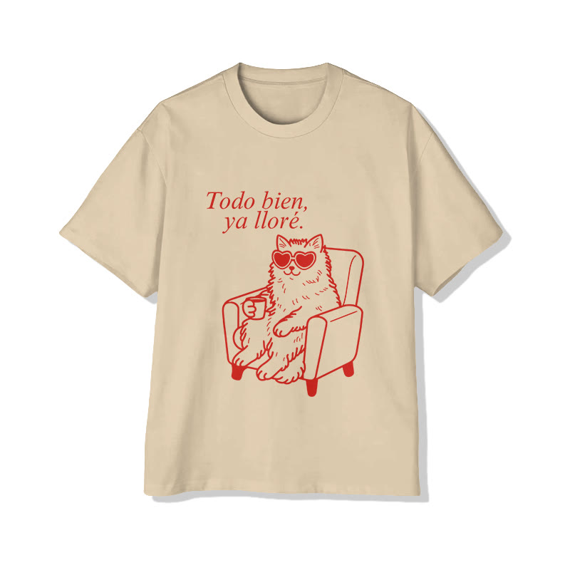 Unisex Funny Cats Todo Bien Ya Llore Print Short Sleeve Crew Neck T-Shirt - Apricot - 2XL - image 3