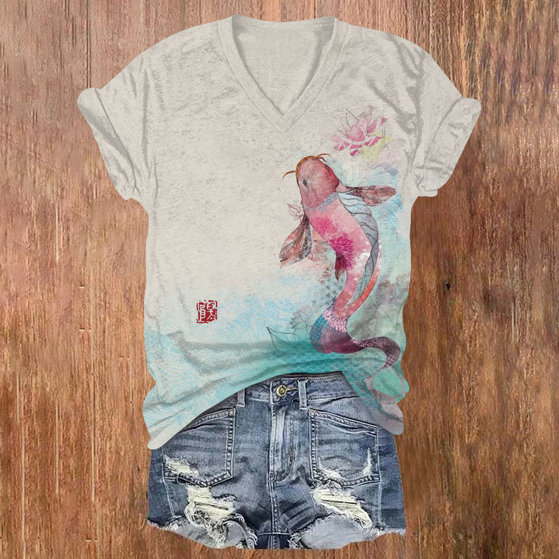 Japanese Creative Lotus Koi Art Print Short Sleeved V-neck T-shirt - Apricot - US32-34(5XL) - image 1