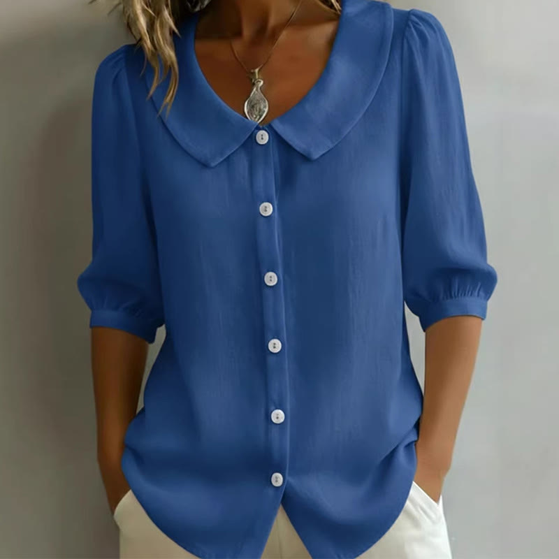 Elegant Solid Collared Button-up Half-sleeve Blouse - Dark Blue - 3XL - image 5