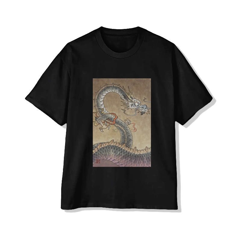 Unisex Japanese Japanese Dragon Totem Pattern Short Sleeved Crew Neck T-Shirt - Black - 2XL - image 4