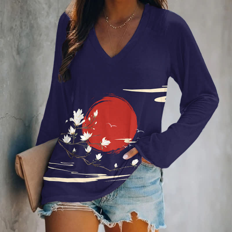 Japanese Sun & Blossoms Art Print Long Sleeve T-shirt - Blue - 5XL - image 3