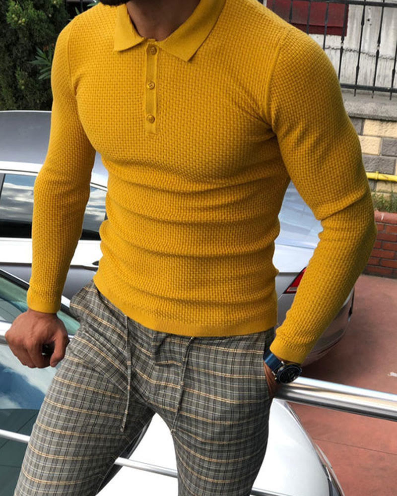 Men's Solid Color Waffle Long Sleeve Polo Shirt - image 15