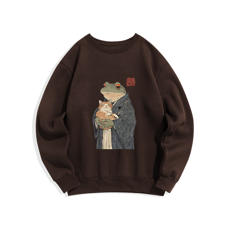 Unisex A Frog Holding A Cat  Print Long Sleeve Crew Neck Sweatshirt - Coffee - US16-18(2XL) - image 7