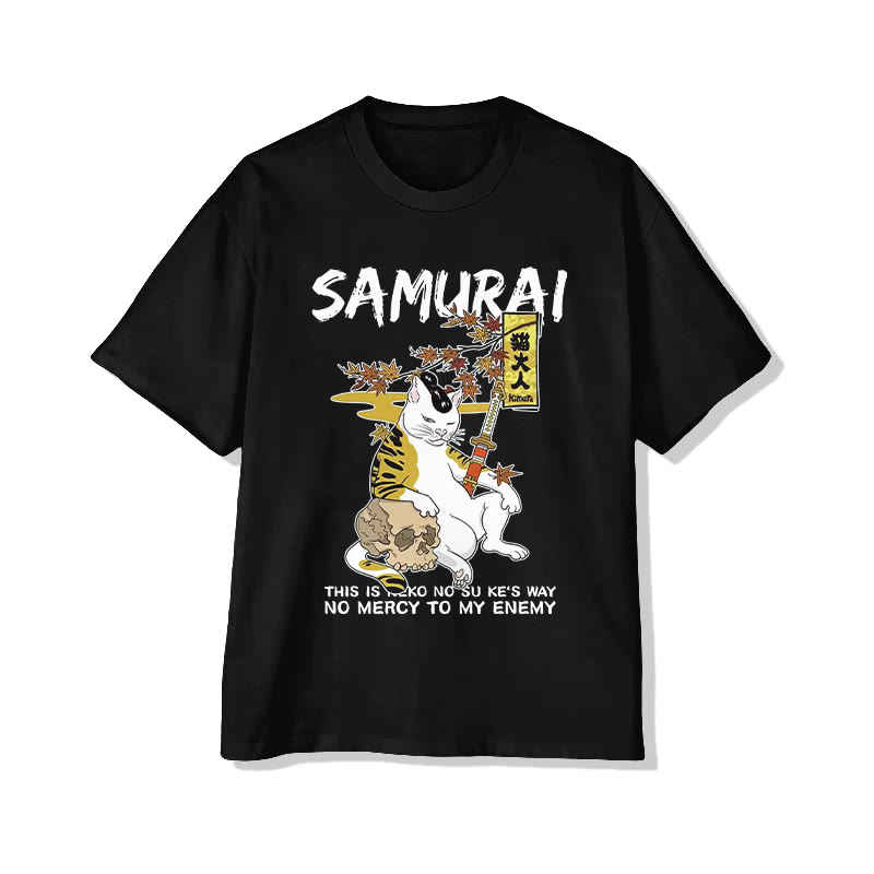 Unisex Vintage Japanese Samurai Cat Print Short Sleeve Crew Neck T-shirt - Black - 2XL - image 4