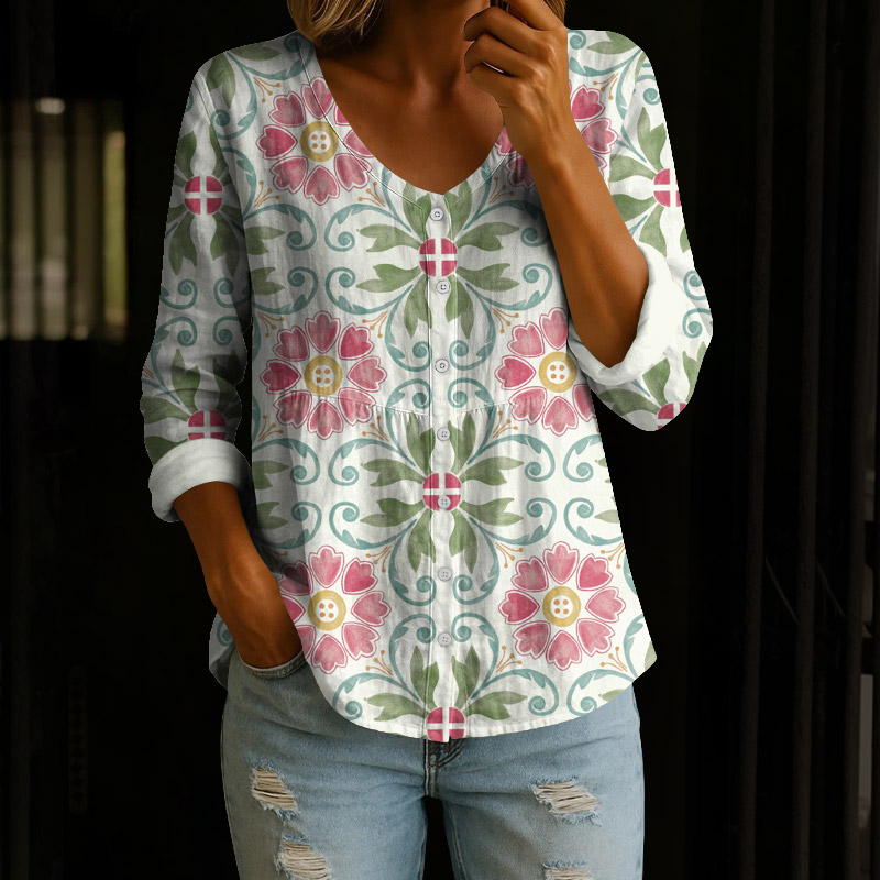 Creative Floral Art Print Button V-neck A-line Long Sleeve Blouse - Green - 4XL - image 1