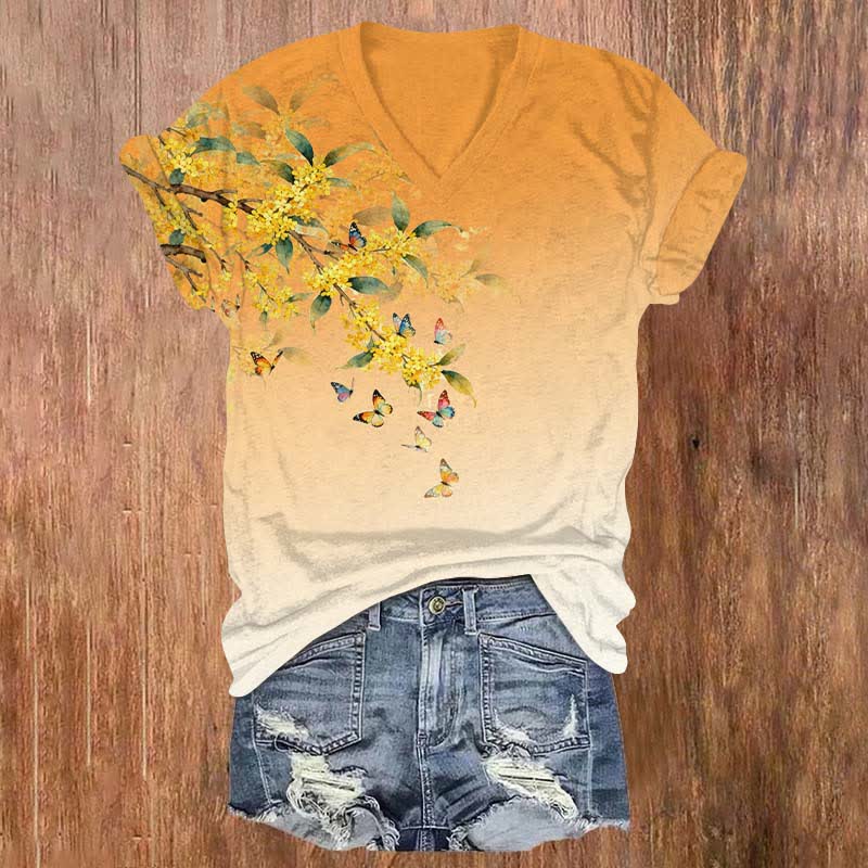 Japanese Vibrant Winter Jasmine & Butterfly Print V-neck T-shirt - Orange - US32-34(5XL) - image 3