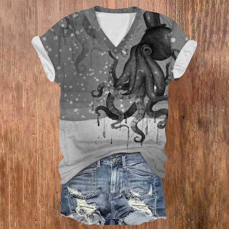 Ocean Gradient Gentleman Octopus Pattern Print Short Sleeved V-neck T-shirt - Grey - US32-34(5XL) - image 4