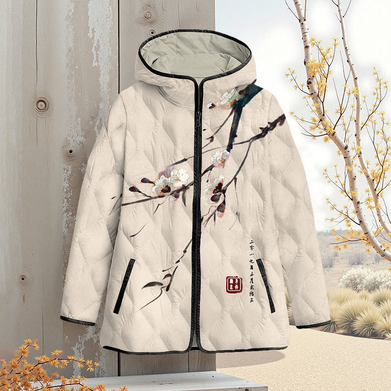 Vintage Plum Blossom Art Print Zipper Jackets - Apricot - 4XL - image 5