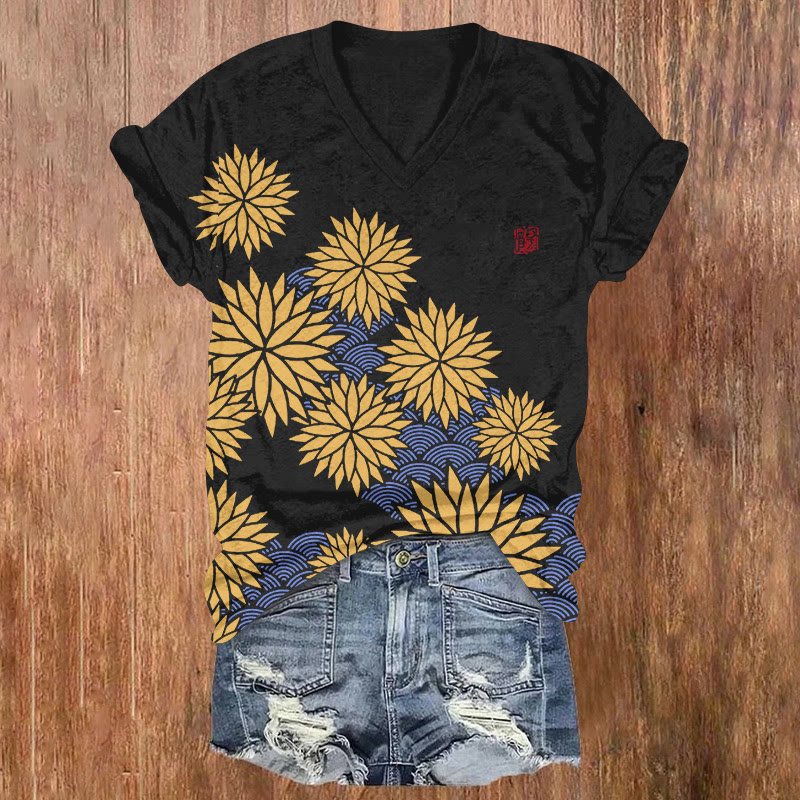 Japanese Vintage Chrysanthemum Water Ripple Pattern Print Short Sleeved V-neck T-shirt - Black - US32-34(5XL) - image 3