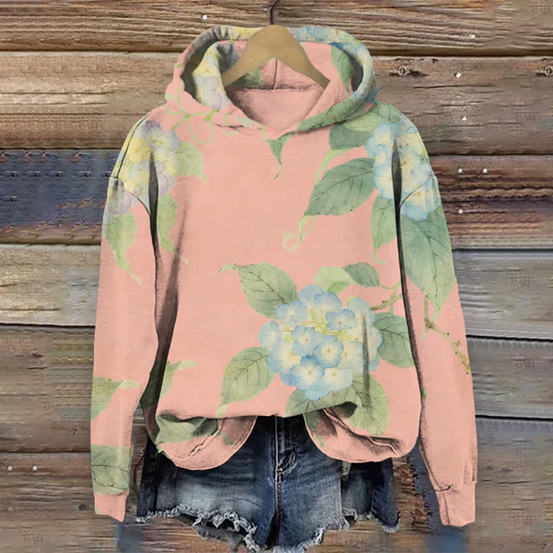 Japanese Watercolor Hydrangea Art Print Long Sleeve Hoodie - Pink - US44-46(8XL) - image 7