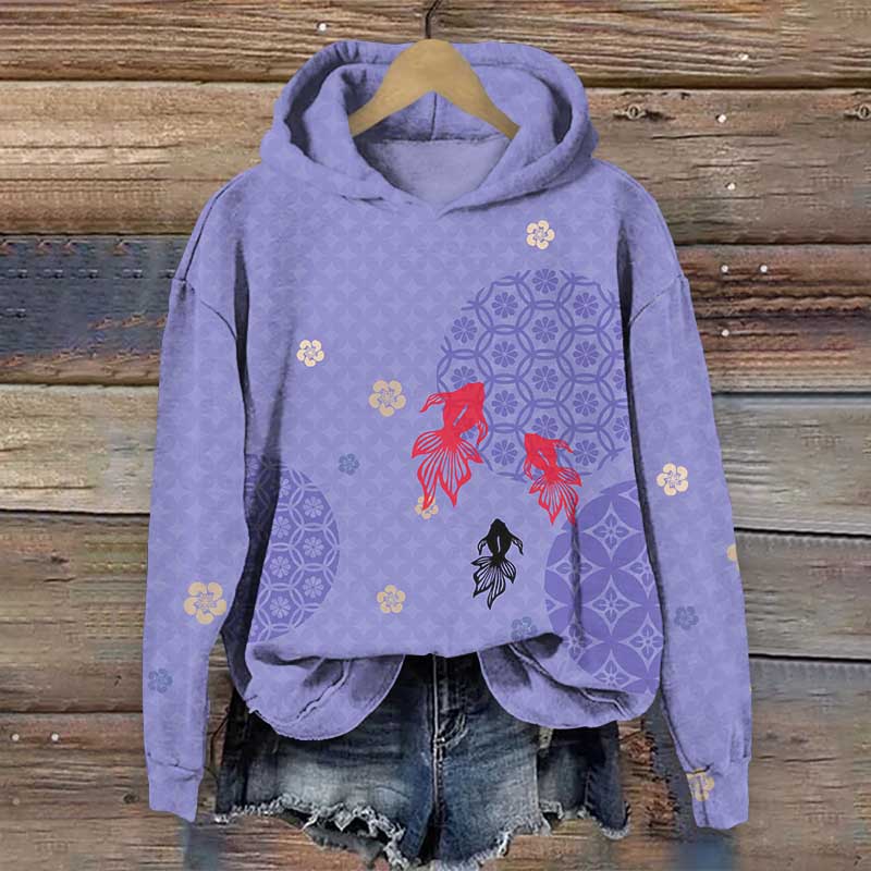 Japanese Vintage Geometric Floral & Goldfish Print Long Sleeve Hoodie - Purple - US44-46(8XL) - image 3