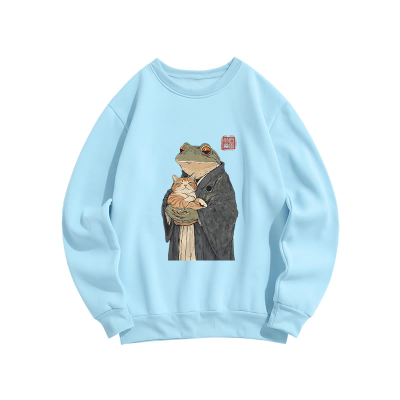 Unisex A Frog Holding A Cat  Print Long Sleeve Crew Neck Sweatshirt - Blue - US16-18(2XL) - image 4