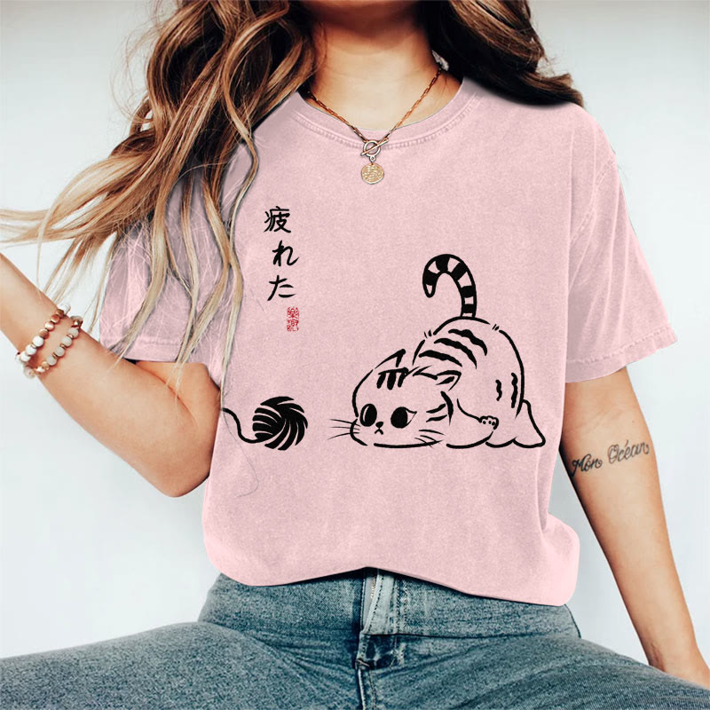 100% Cotton Women's Japanese Tired Playing Cat Art Print Casual T-shirt - Pink - 2XL - image 4