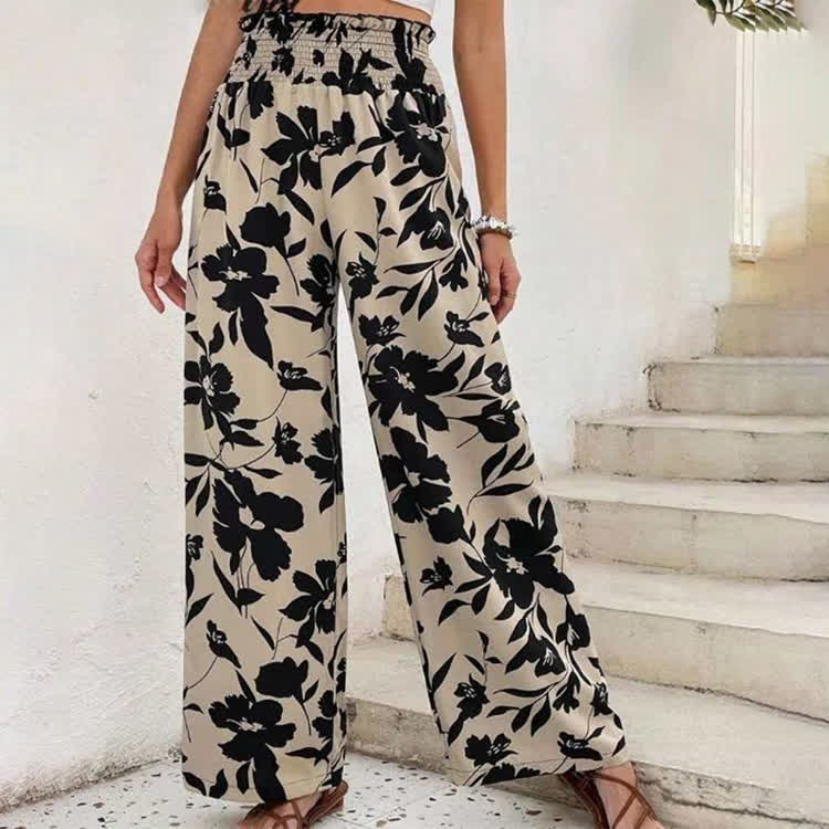 Resort Elegant Floral Silhouettes Print Elastic-Waist Ruffled Wide-Leg Pants - image 3
