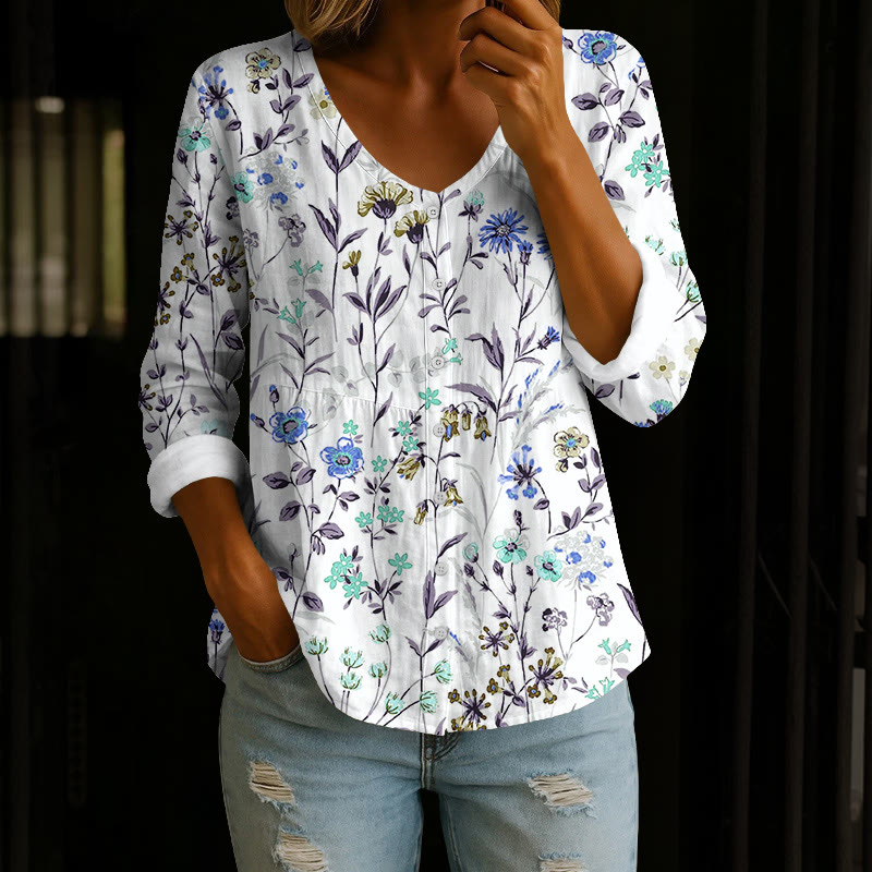 Pastoral Watercolor Flowers And Plants Print Button V-neck A-line Long Sleeve Blouse - Blue - 4XL - image 6
