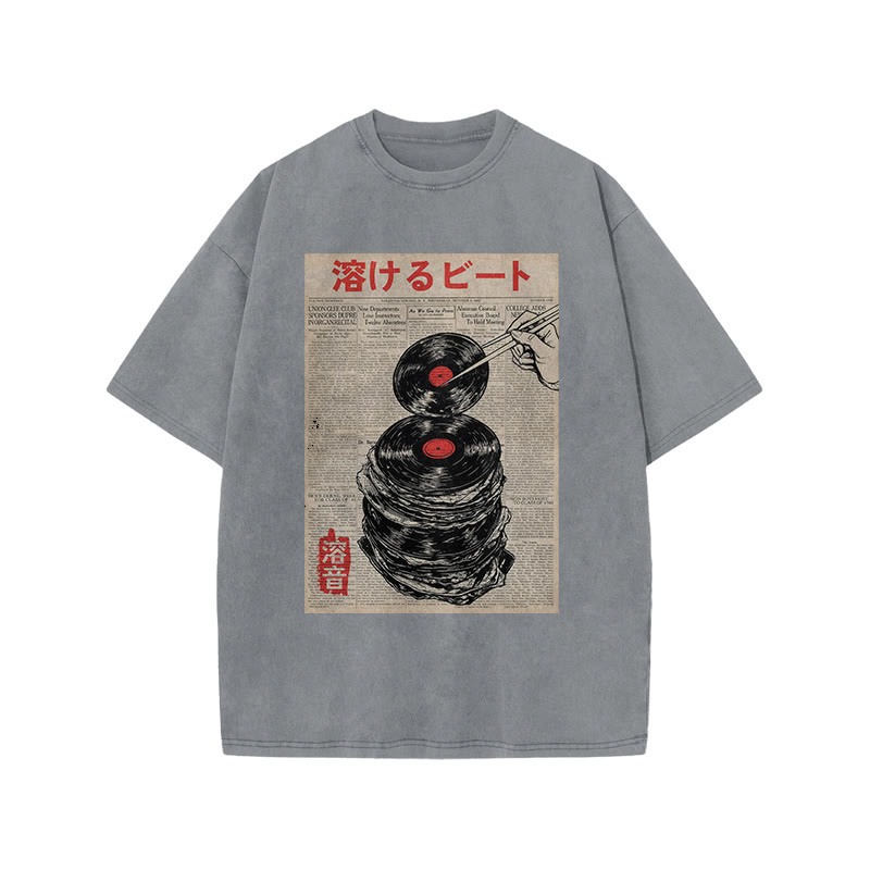 Japanese Retro Vinyl Records Pattern Print Acid Washed T-shirt - Grey - US20-22(3XL) - image 4
