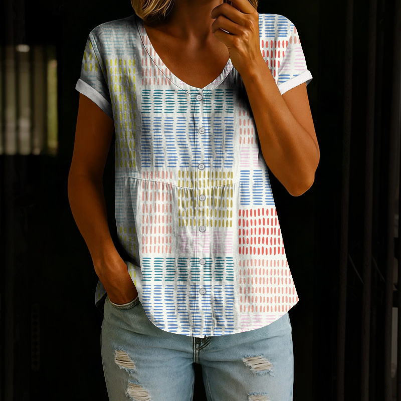 Classic Colored Geometric Print Button V-neck A-line Short-sleeve Blouse - Multicolor - 4XL - image 1