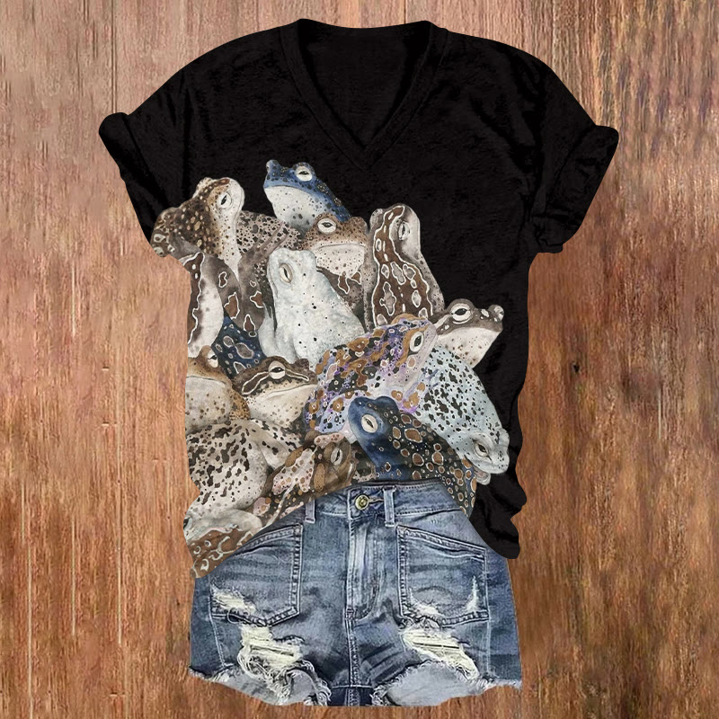 Funny Wet Frog Pile Pattern Print Short Sleeved V-neck T-shirt - Black - US32-34(5XL) - image 5