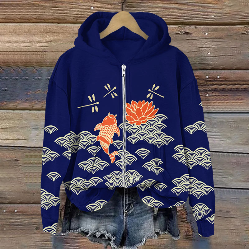Japanese Style Koi Fish Dragonfly Wave Print Long Sleeve Zipper Hoodie - Blue - US28-30(4XL) - image 4