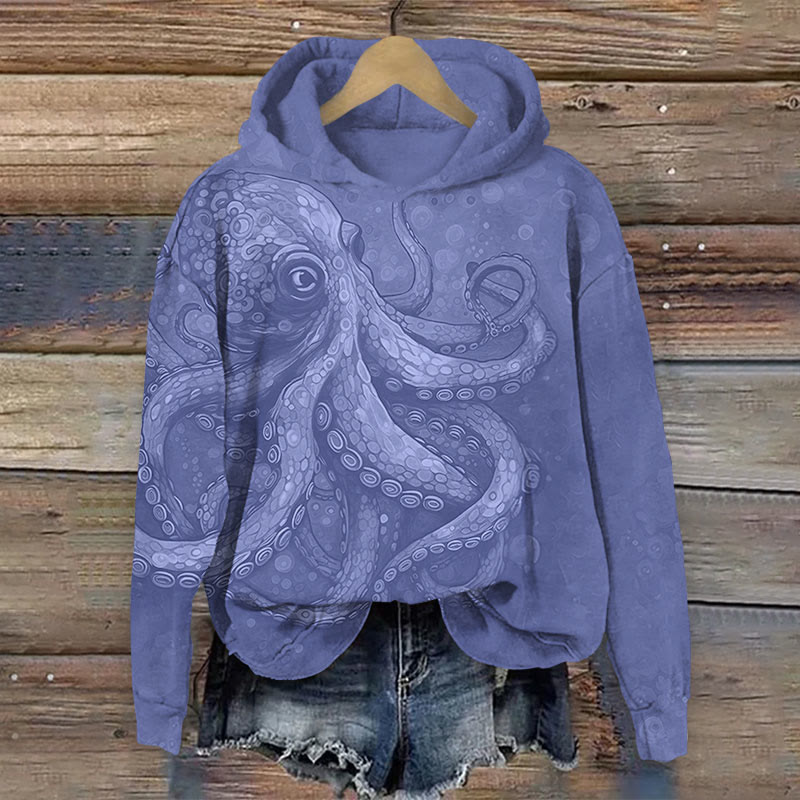 Art Octopus Print Long Sleeve Hoodie - Light Blue - US44-46(8XL) - image 4