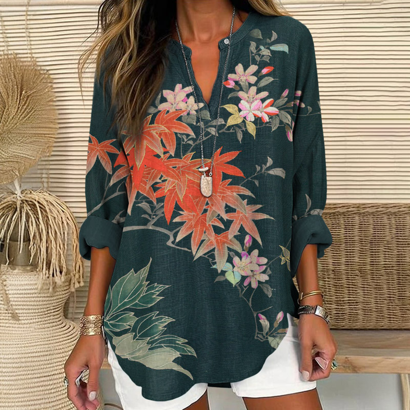 Japanese Maple Leaf Art Print V Neck Long Sleeve Blouse - Dark Green - 8XL - image 1