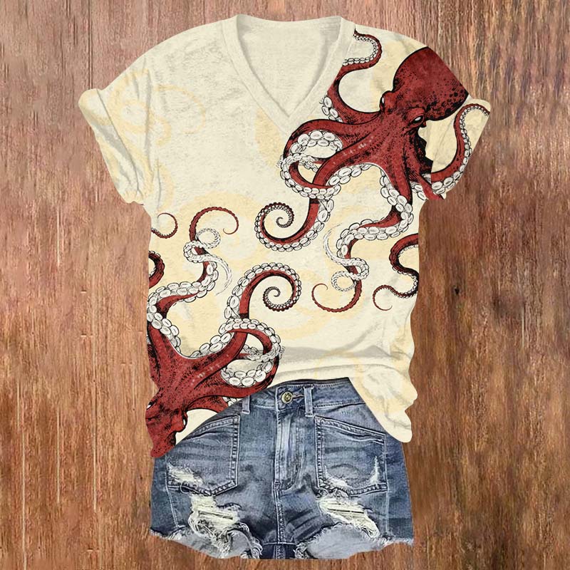 Vintage Red Octopus Art Print V-neck T-shirt - Yellow - US32-34(5XL) - image 4