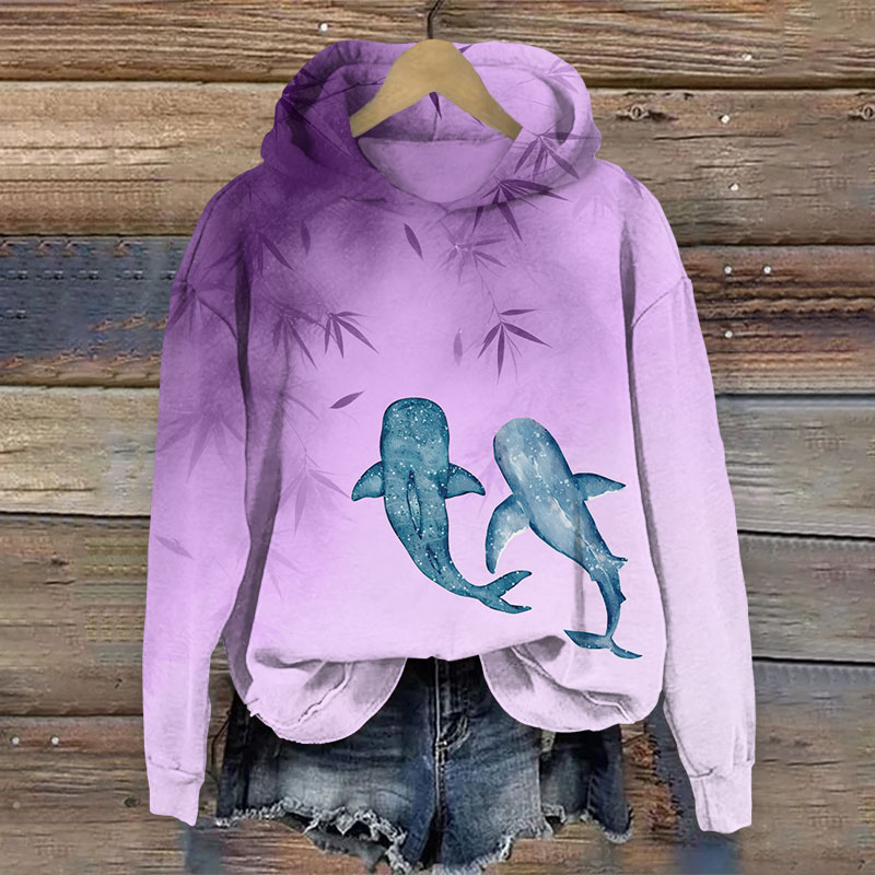 Lovely Cartoon Whale Shark Art Print Long Sleeve Hoodie - Purple - US44-46(8XL) - image 3