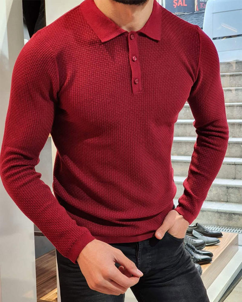 Men's Solid Color Waffle Long Sleeve Polo Shirt - Red - 5XL - image 4
