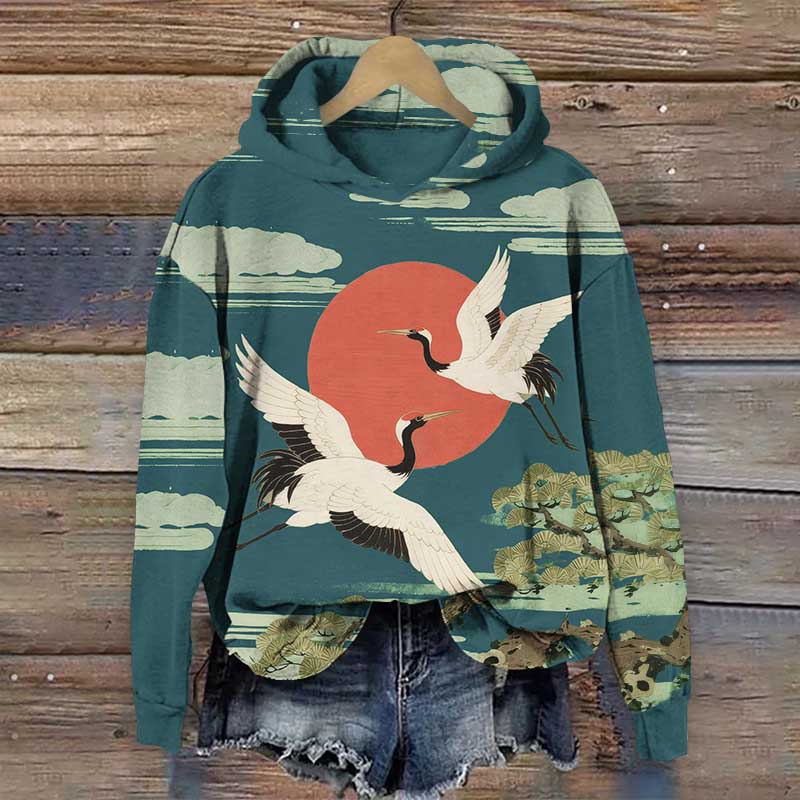 Japanese Vintage Crane Flying Around The Sun Print Long Sleeve Hoodie - Olive Green - US44-46(8XL) - image 4