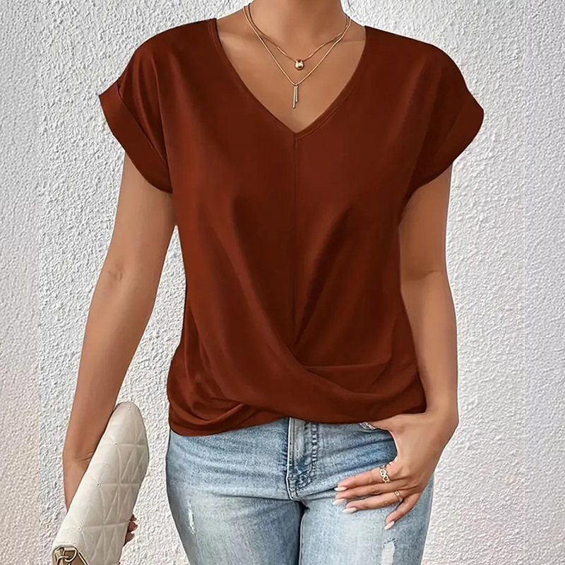 Elegant Solid Overlapping Structure V-neck Flutter-sleeve T-shirt - Coffee - 3XL - image 5
