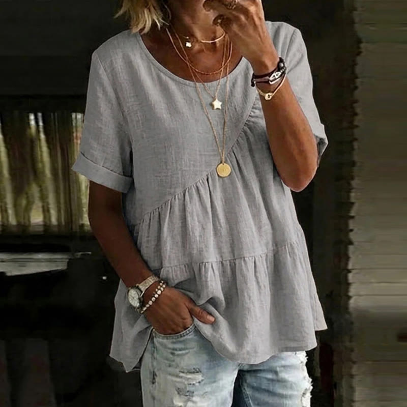 Elegant Solid Round Neck Short-sleeve Asymmetrical Ruffle Hem Blouse - Grey - 3XL - image 4