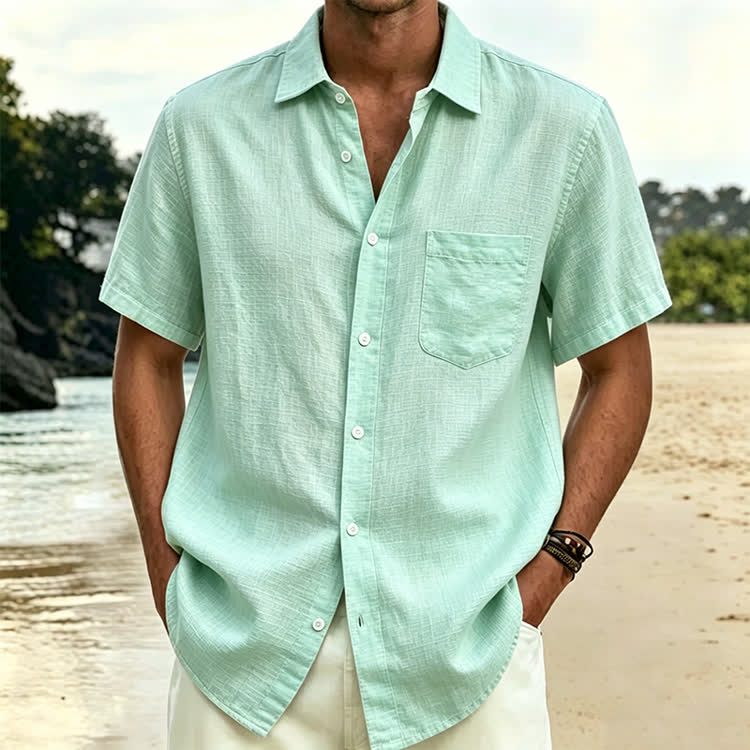 Cozy Solid Texture Button-up Short Sleeve With Pocket Lapel Shirt - image 9